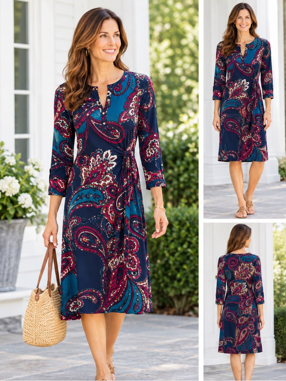 Dana Buchman Navy & Teal Paisley Midi Dress